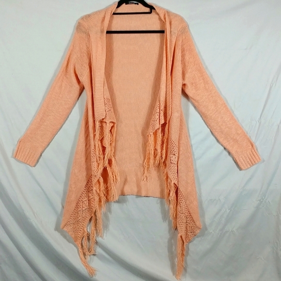 GeeGee Sweater Women's Pink Open Cardigan Waterfall Tassels Crochet Size M/L - Picture 1 of 8